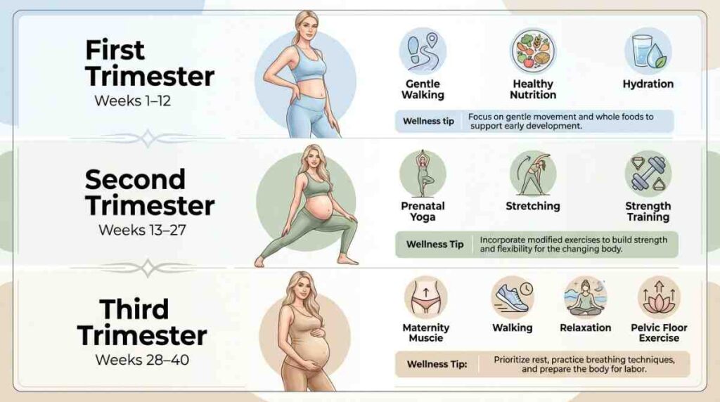 Infographic showing first trimester, second trimester, and third trimester stages of pregnancy.