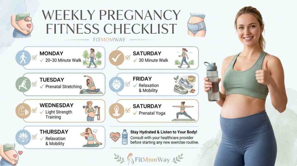 Weekly pregnancy workout calendar and fitness checklist for expecting mothers.