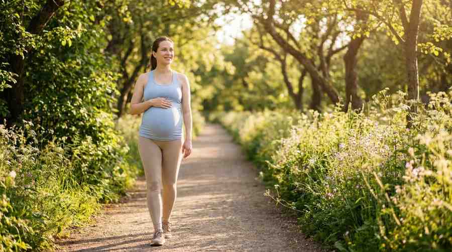Pregnant woman walking on a park path for healthy pregnancy exercise.