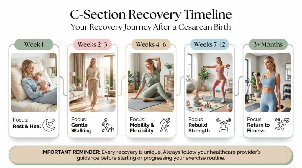 Week-by-week cesarean recovery timeline infographic