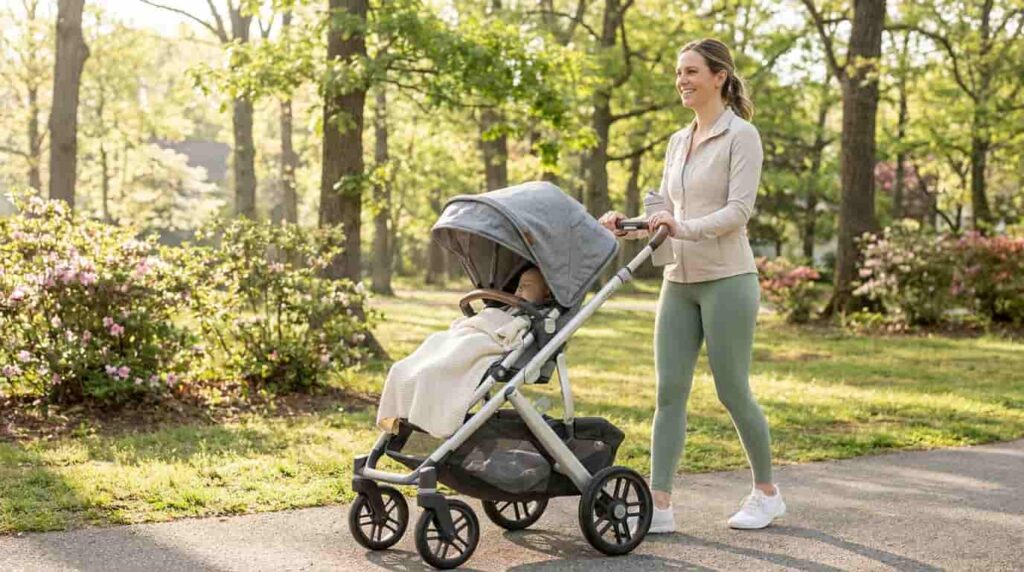 New mother taking a gentle walk after a cesarean delivery
